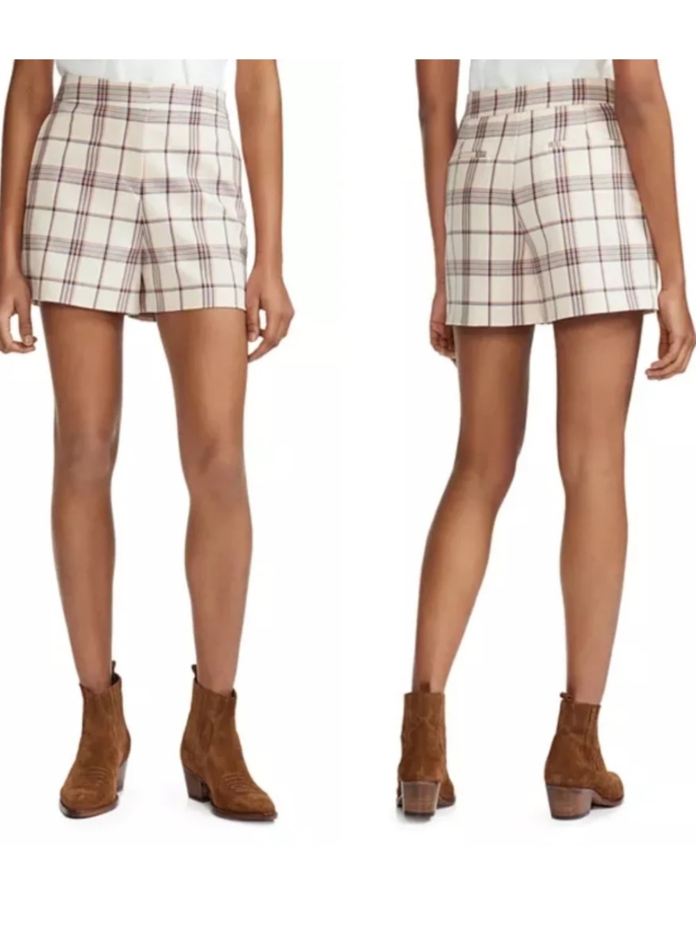 Maje Cream Plaid Shorts with Navy and Tan Stripes